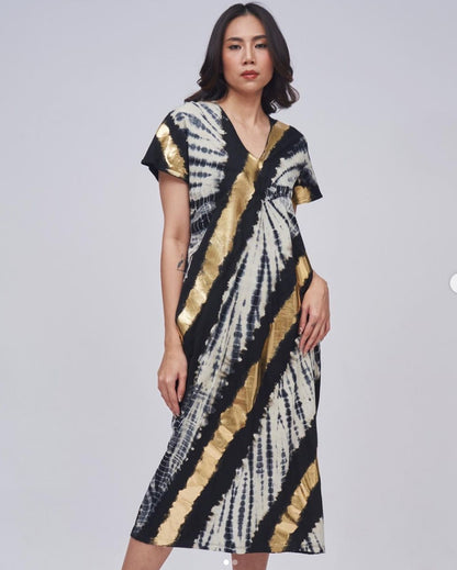 ROSES AND RHINOS - BLACK AND GOLD STRAIGHT MIDI DRESS